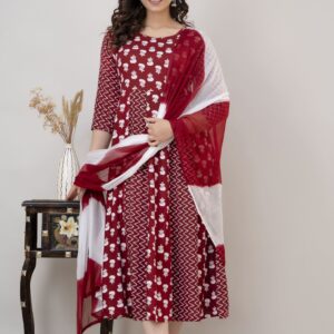 Maroon Floral Anarkali Gown with Dupatta
