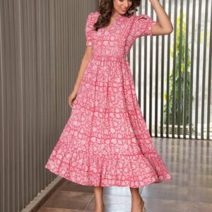 Pink Floral Puffed Sleeves Dress