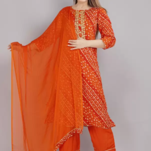 Orange Bandhej Kurti Set with Dupatta
