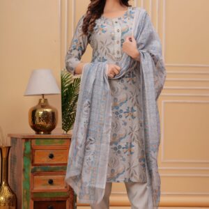 Grey Floral Kurti Set with Dupatta